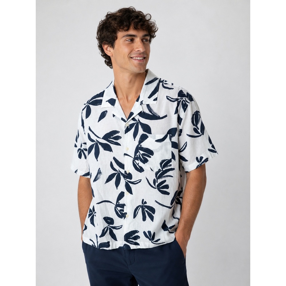 American Eagle Mens Small White Navy Leaf Print Cotton Linen Camp Shirt 2841-410